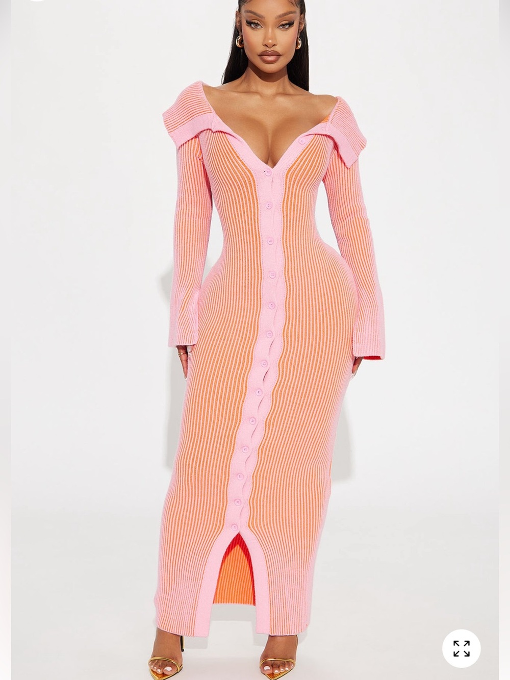 Fashion Nova Pink and Peach Off-Shoulder Ribbed Button Maxi Dress